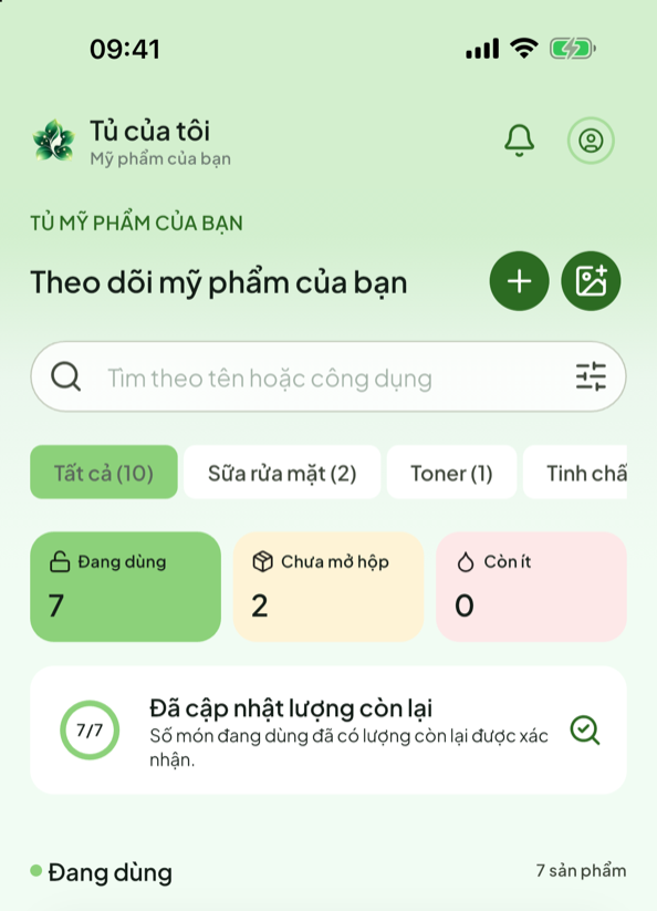 Màn Tủ của tôi trong Zenough: số món đang dùng, chưa mở hộp, còn ít và tiến độ cập nhật lượng còn lại